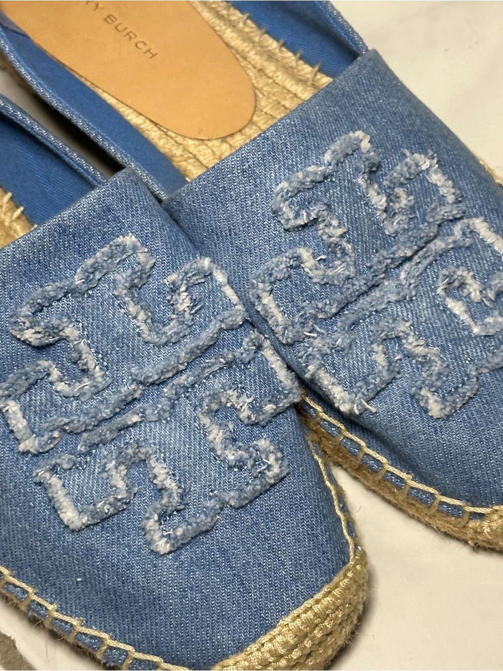 Tory Burch Light Blue Denim Espadrille Flats with Frayed Logo - Picture 8 of 9